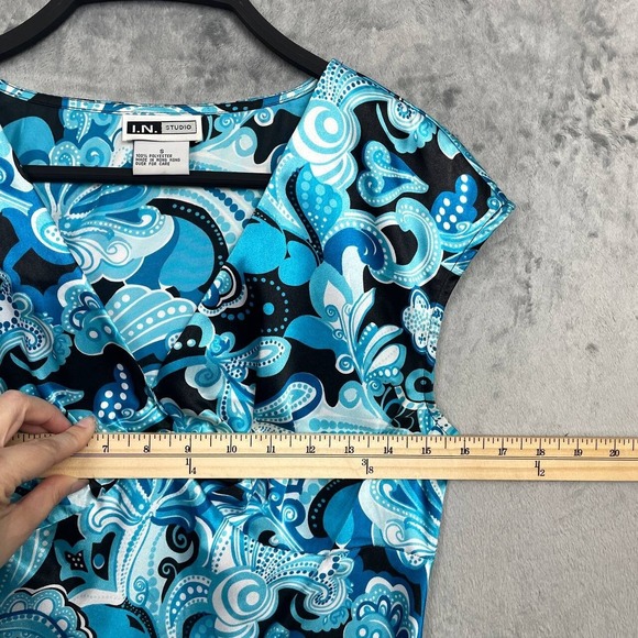 Vintage Y2K Rave Satin Babydoll Top Small Blue Swirl Cap Sleeve Festival Retro - Picture 5 of 7